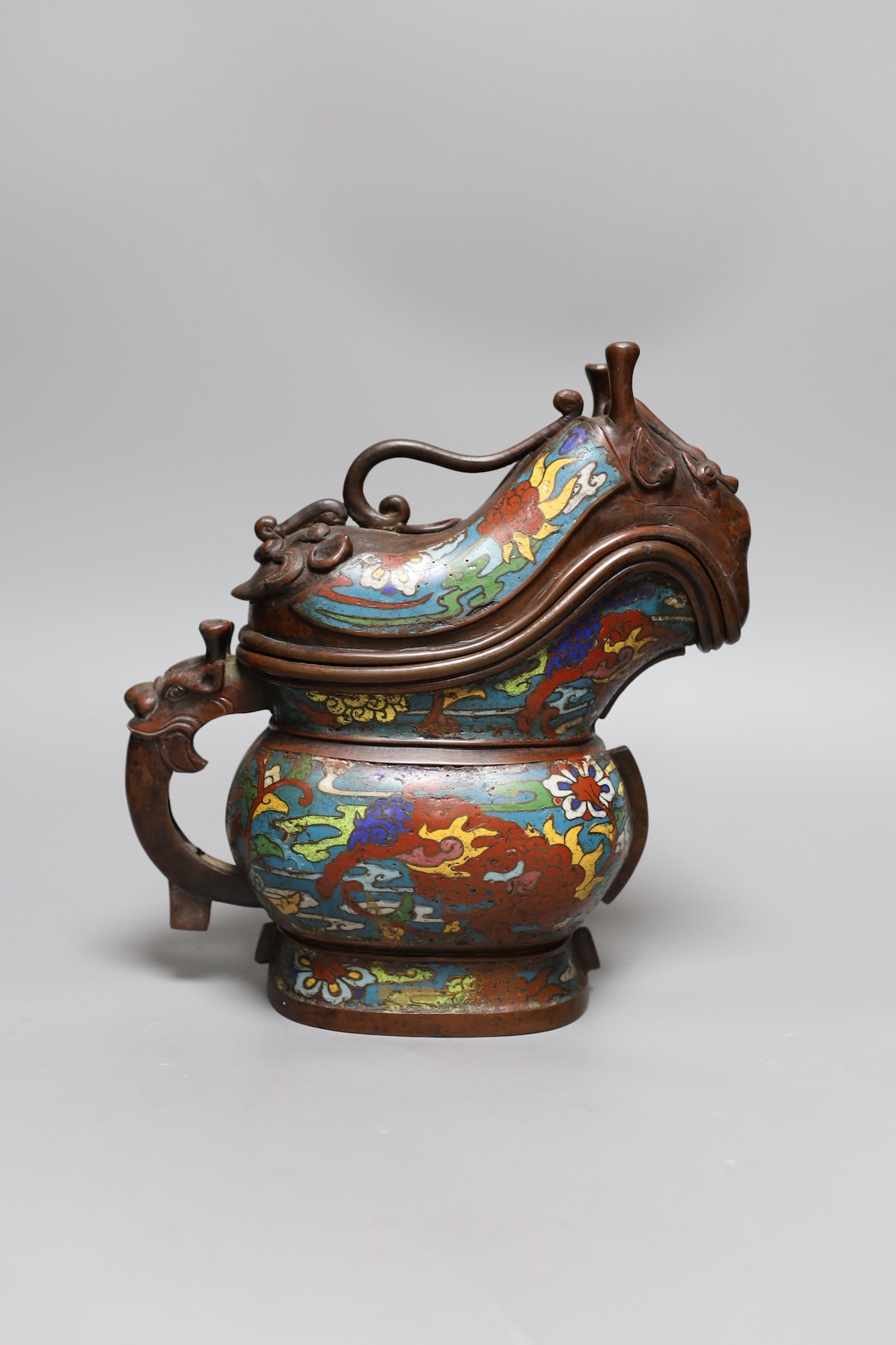 A Japanese champleve enamel and bronze archaistic vessel, 26cms high